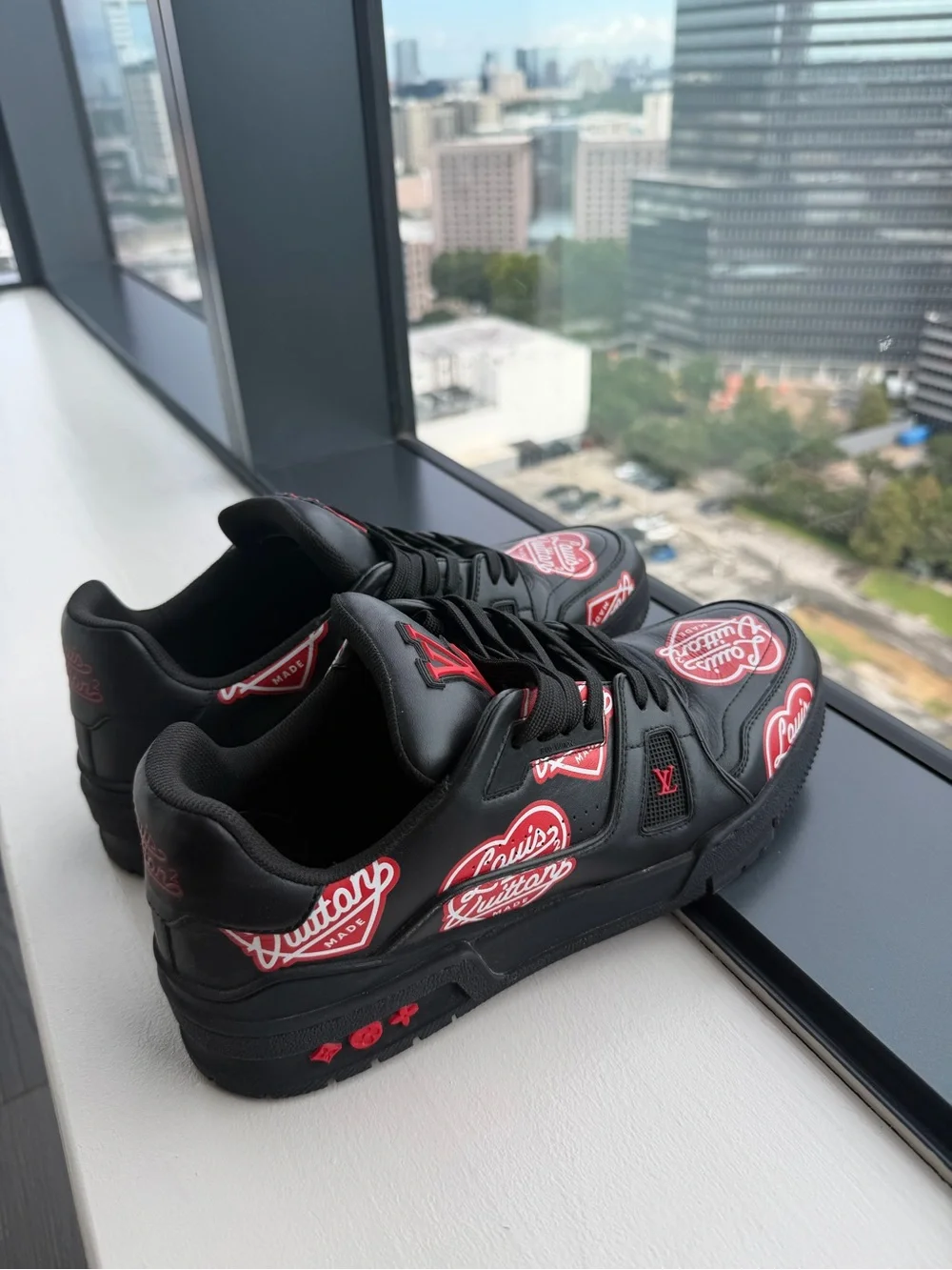 Louis Vuitton Black Leather Sneakers with Red Logo Accents